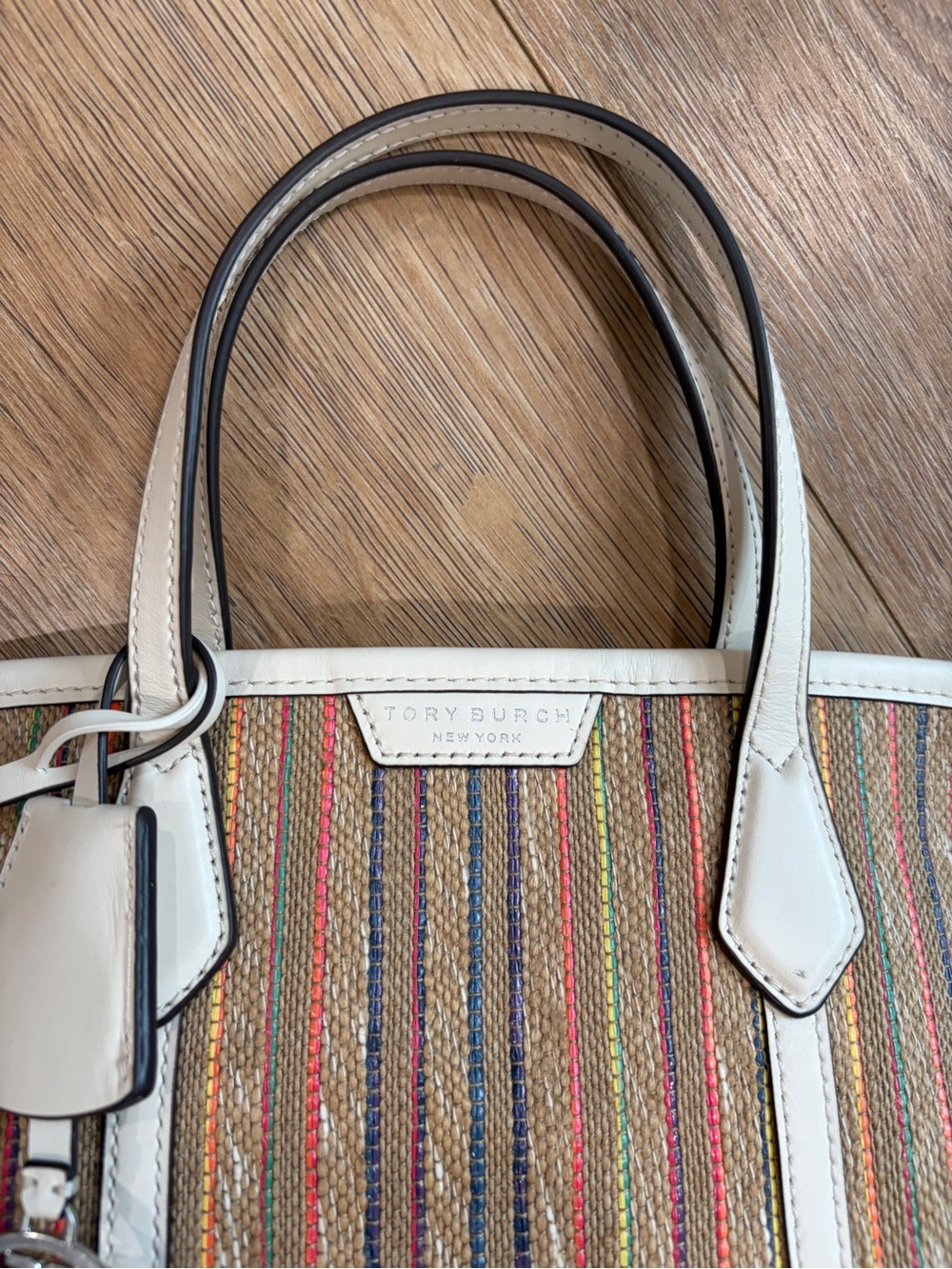 Tory Burch Small Perry Stripe Raffia Tote Multicolor Ivory Leather - Picture 8 of 12
